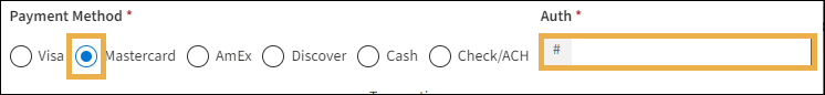 Payment method with yellow boxes around the mastercard radio button and auth # text box.